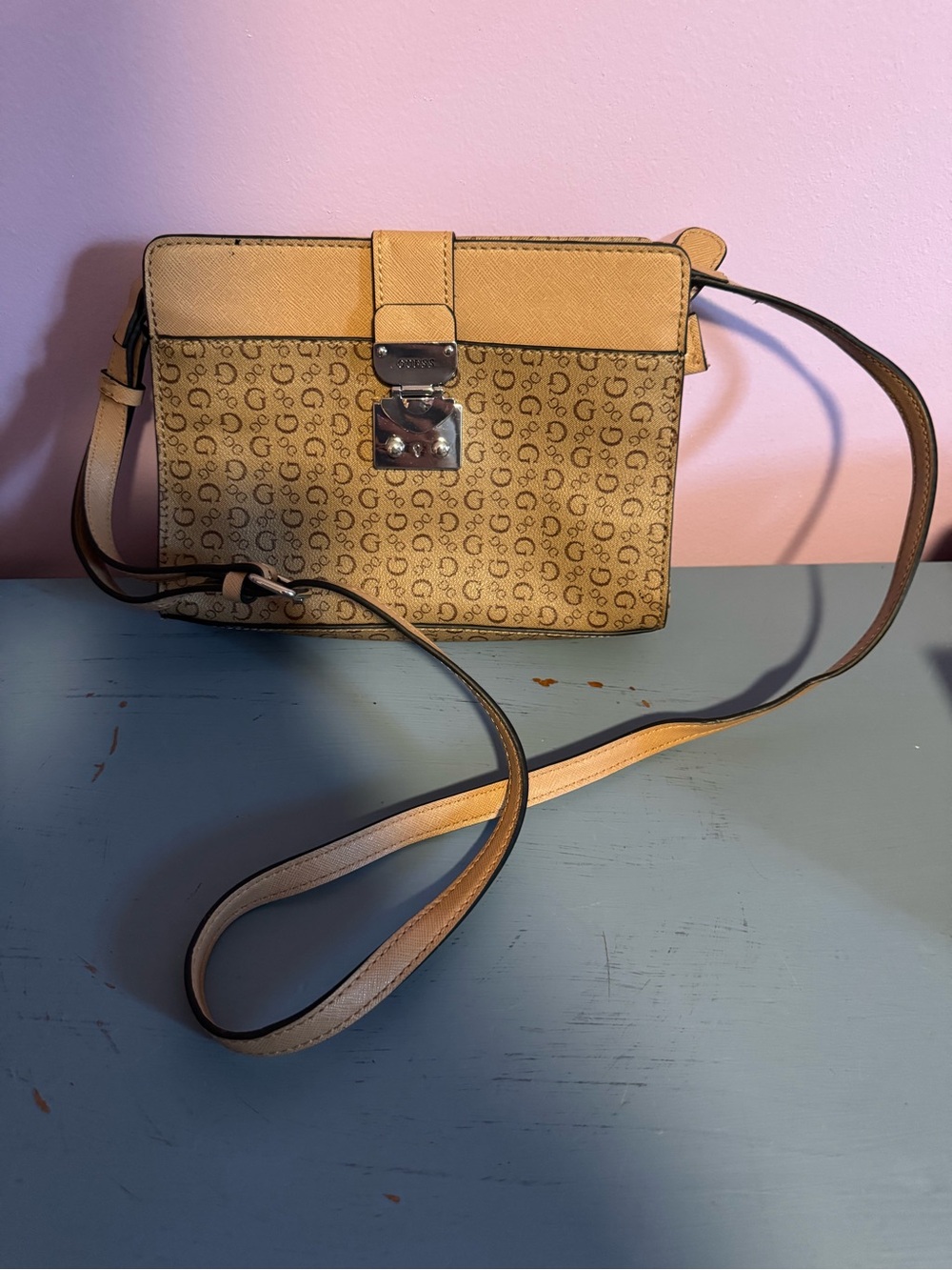 Guess Beige Monogram Crossbody with Gold-Tone Lock